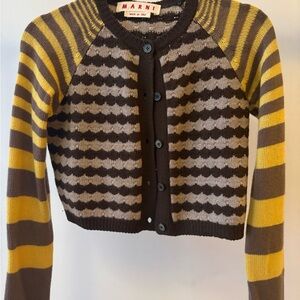 Marni Wool Cropped Yellow and Brown Patterned Cardigan
